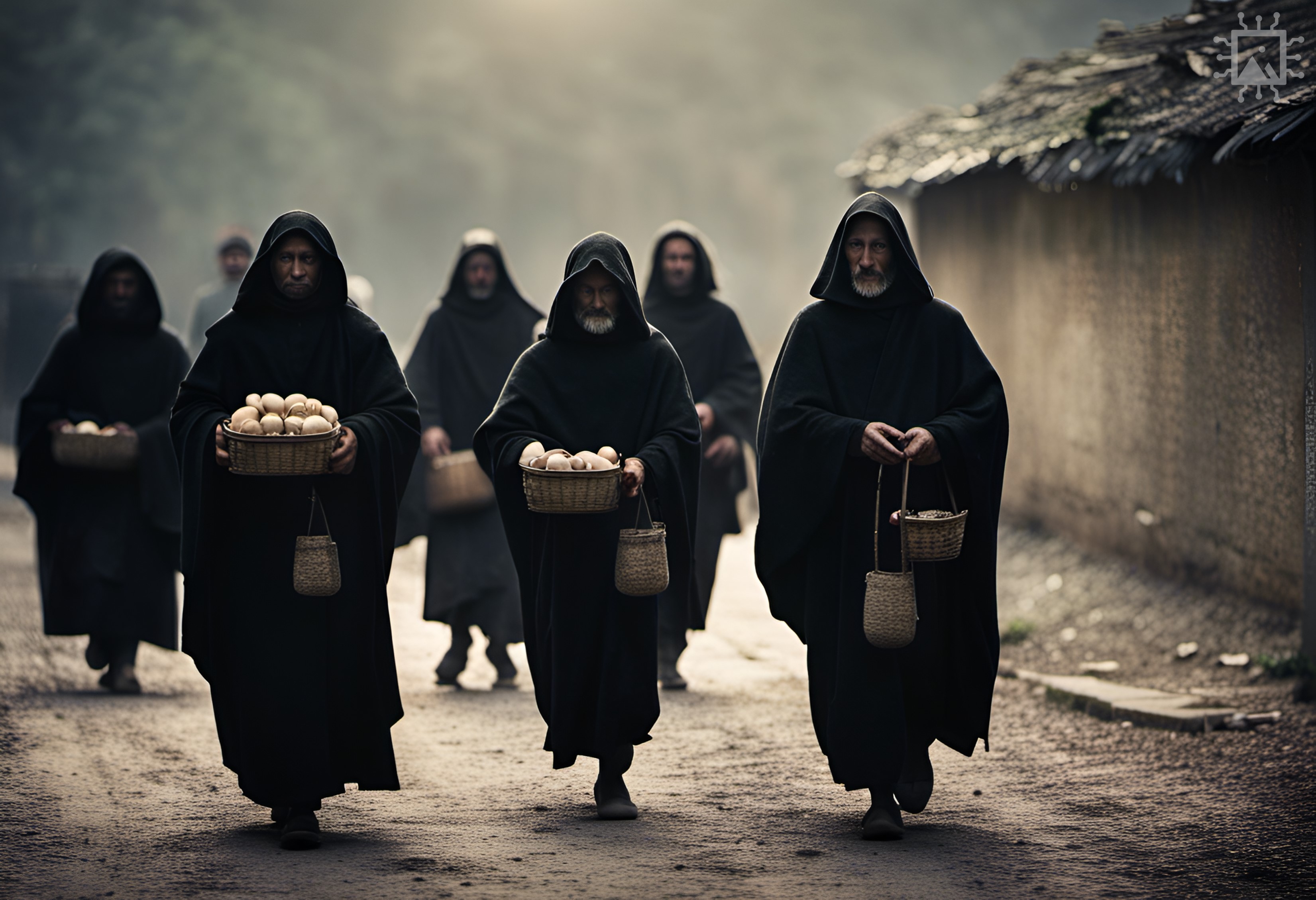 Artificial Intelligence-generated image produced using DreamStudio [accessed 13-08-2023]: ‘Early medieval Benedictine monks in black robes distributing alms to the poor.’ Find out more: rochestercathedral.org/research/ai