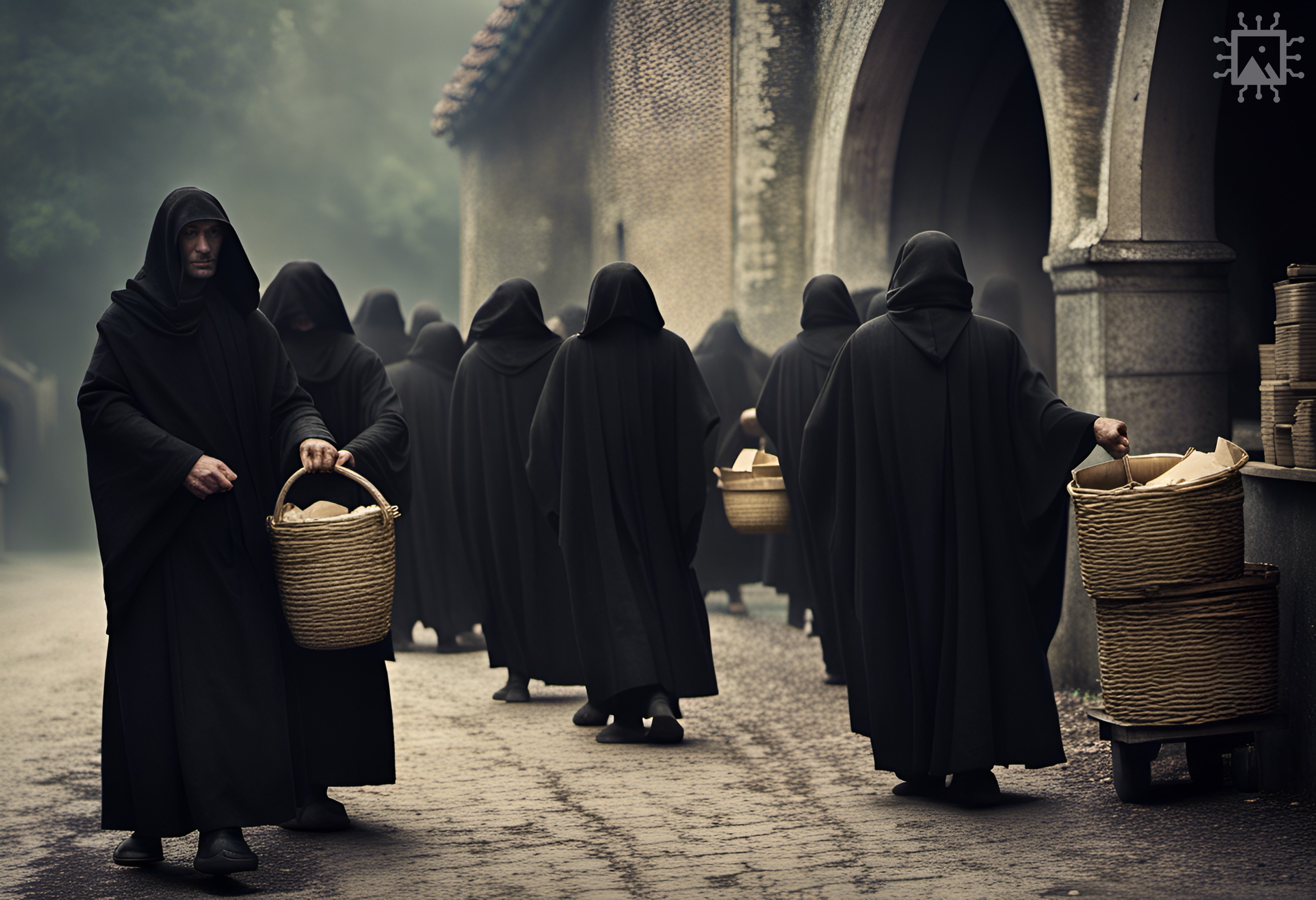 Artificial Intelligence-generated image produced using DreamStudio [accessed 14-08-2023]: ‘Early medieval Benedictine monks in black robes distributing alms to the poor.’ Find out more: rochestercathedral.org/research/ai