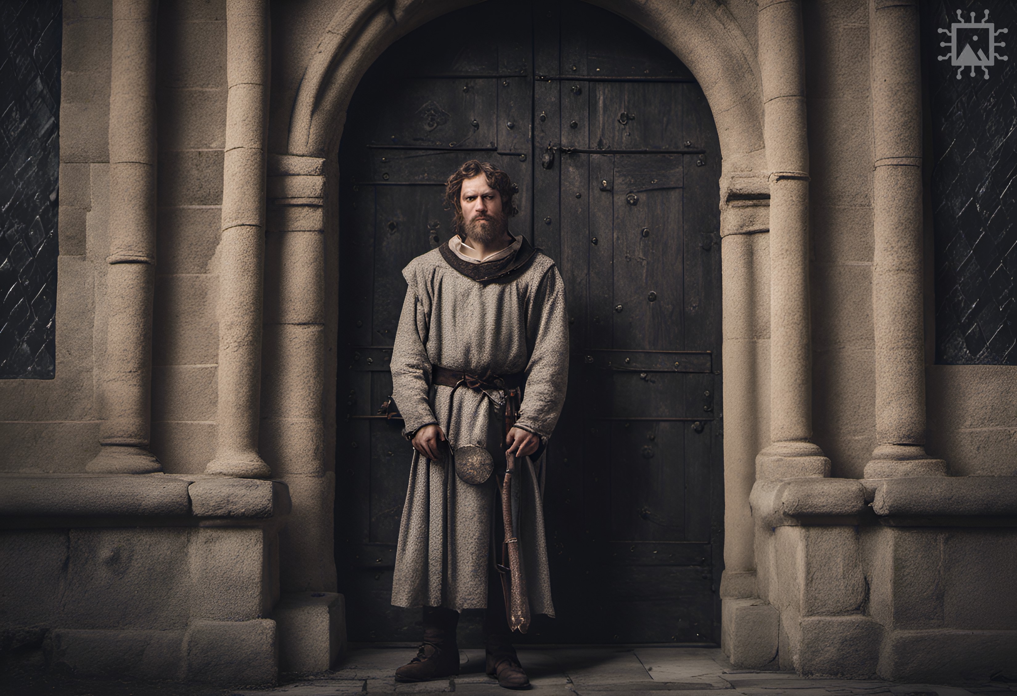 Artificial Intelligence-generated image produced using DreamStudio [accessed 20-09-2023]: ‘A medieval servant standing guard outside of a large oak door.’ Find out more: rochestercathedral.org/research/ai
