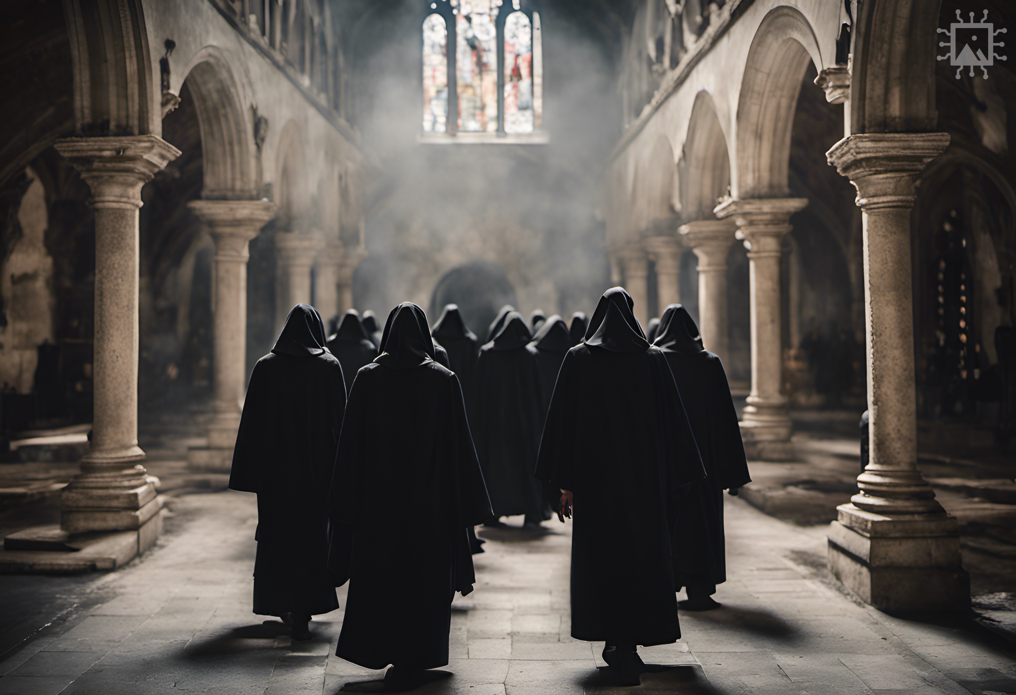 Artificial Intelligence-generated image produced using DreamStudio [accessed 20-09-2023]: ‘A large group of clean-shaven medieval Benedictine monks in black robes in a church cloister.’ Find out more: rochestercathedral.org/research/ai