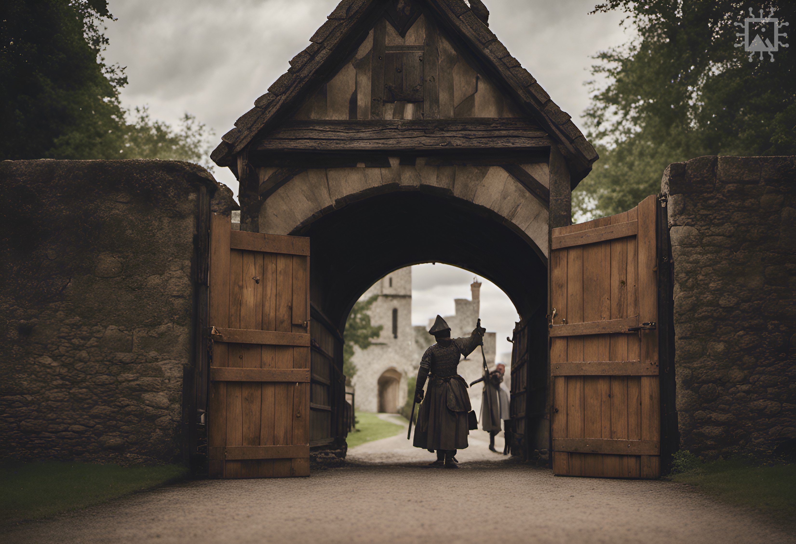Artificial Intelligence-generated image produced using DreamStudio [accessed 20-09-2023]: ‘A medieval servant opening a large wooden gate in a medieval gatehouse to allow a horse and cart to pass.’ Find out more: rochestercathedral.org/research/ai
