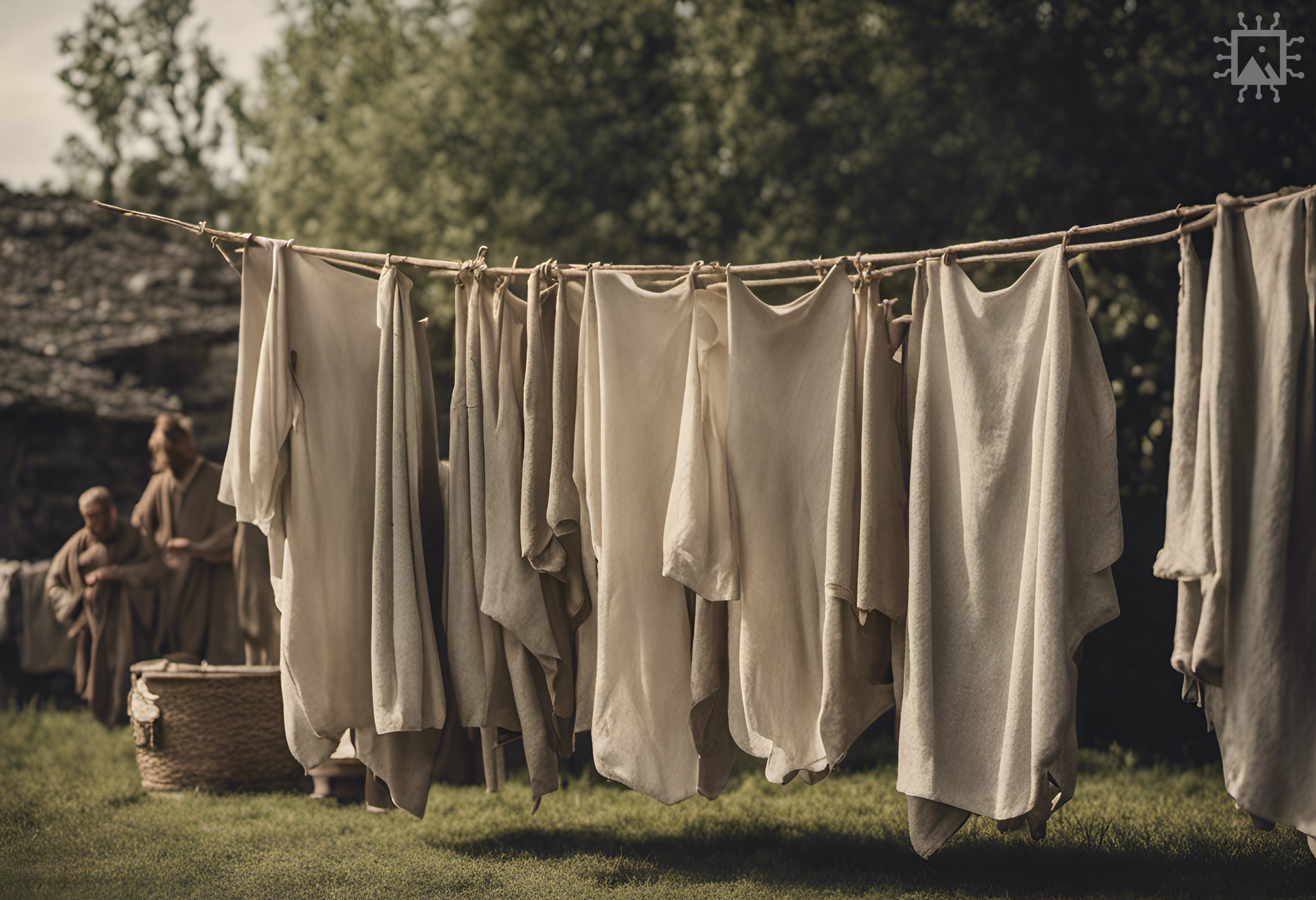 Artificial Intelligence-generated image produced using DreamStudio [accessed 20-09-2023]: ‘Early medieval servants hanging linen robes outside to dry.’ Find out more: rochestercathedral.org/research/ai