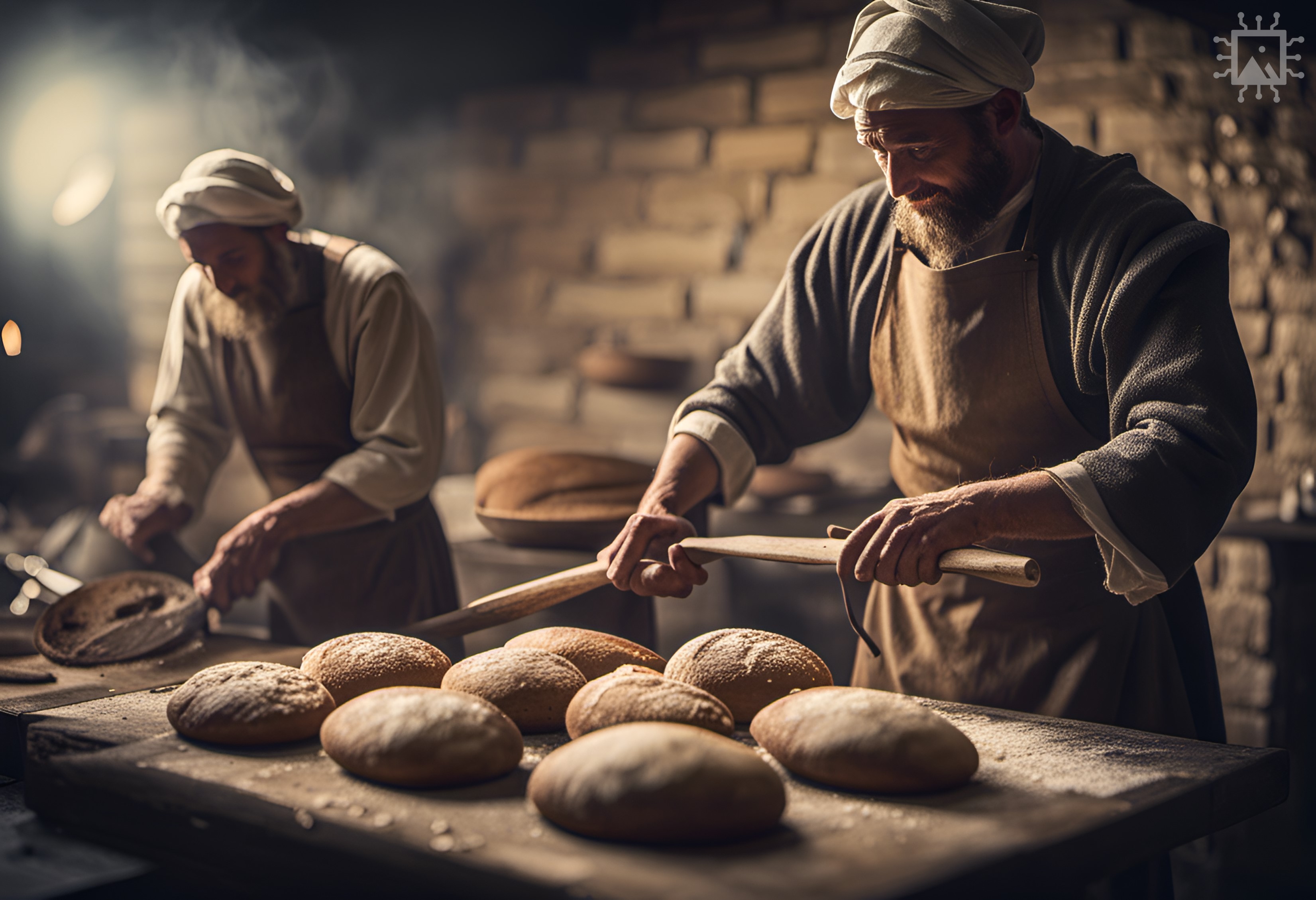 Artificial Intelligence-generated image produced using DreamStudio [accessed 03-08-2023]: ‘Medieval bakers baking bread.
