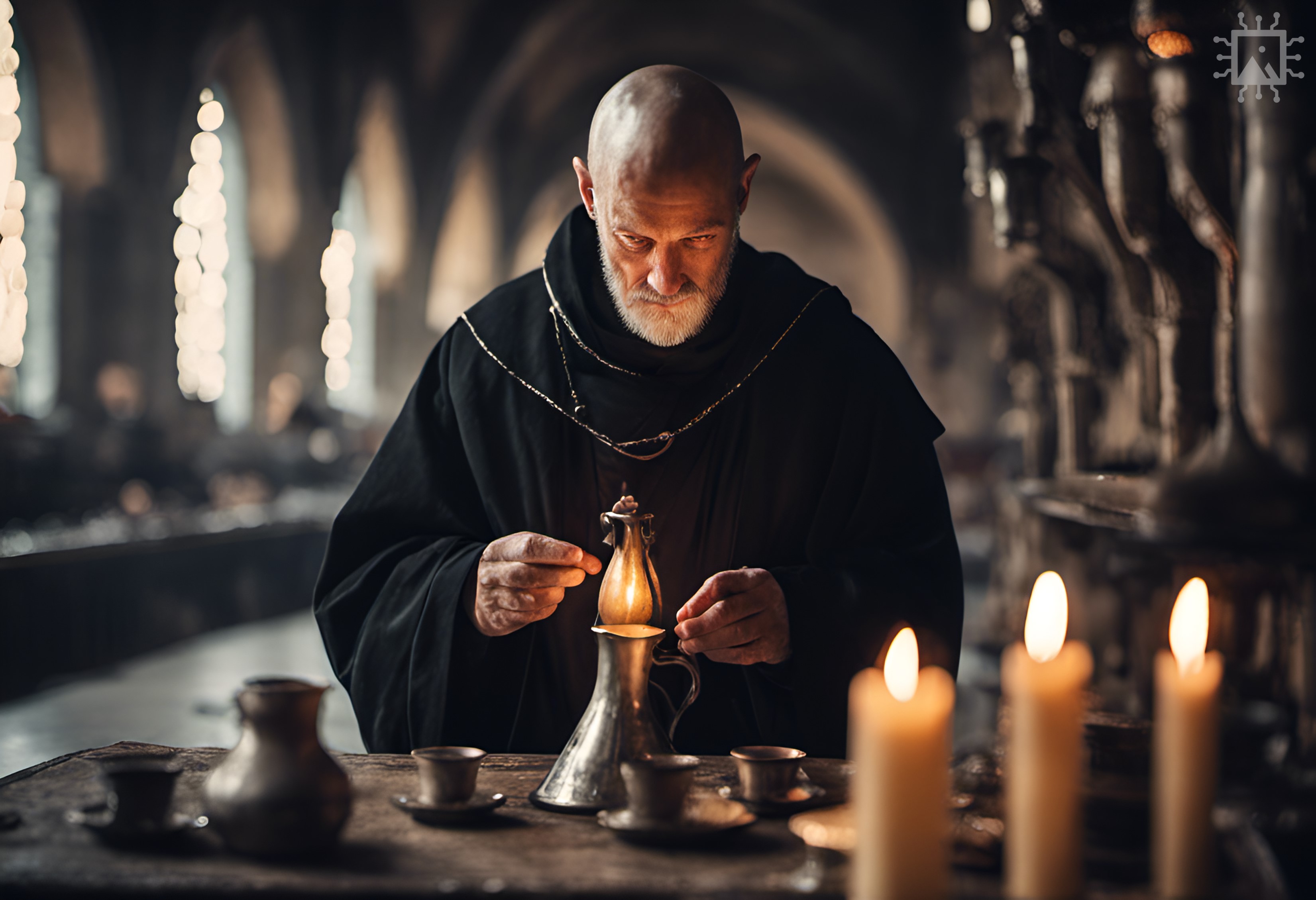 Artificial Intelligence-generated image produced using DreamStudio [accessed 20-09-2023]: ‘A clean-shaven middle aged medieval Benedictine monk in a black robe counting silver cups in a sacristy with candles and ceramic jugs of wine.’ Find out more: rochestercathedral.org/research/ai
