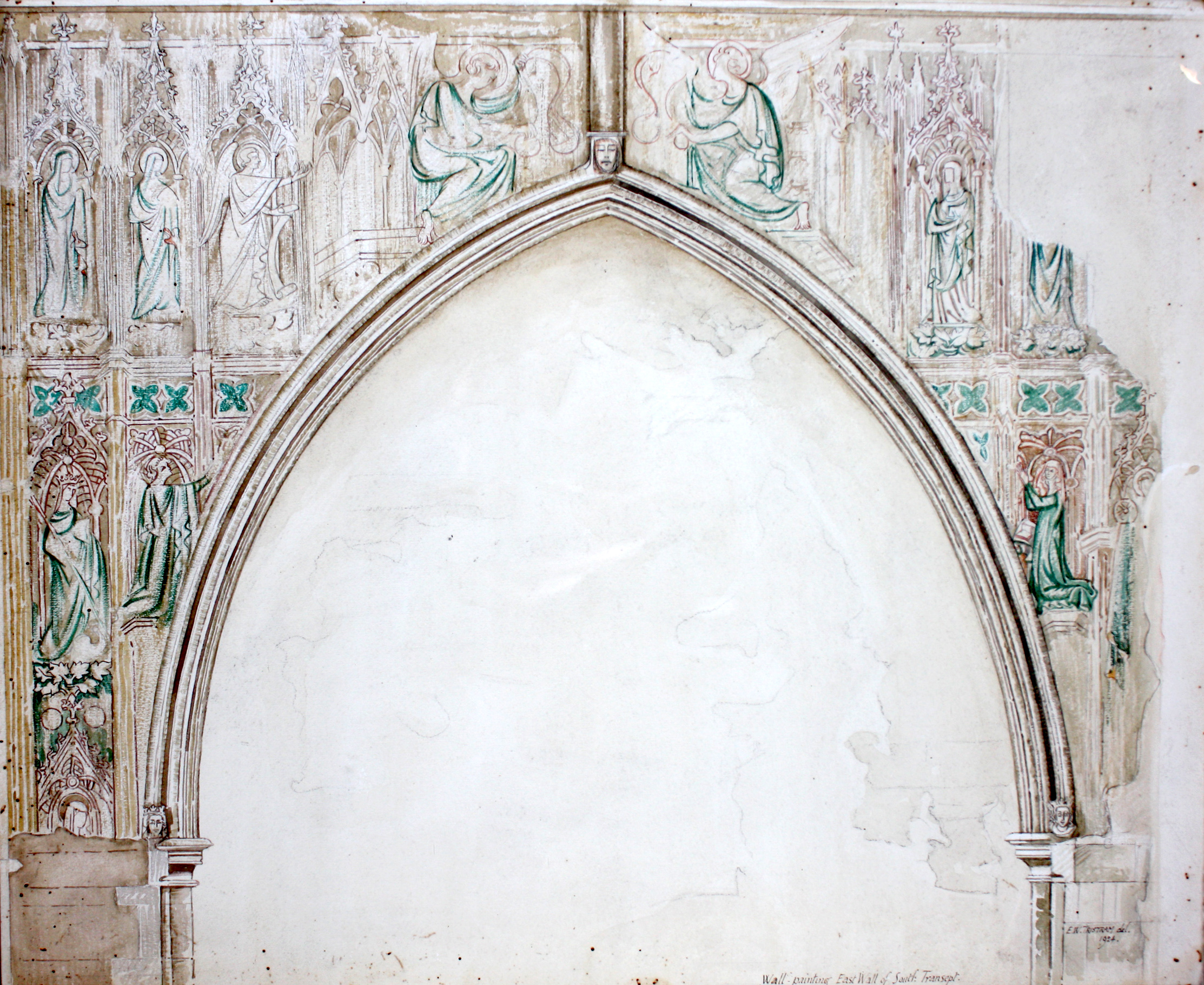 Earnest William Tristram's watercolour record of the remains of the mural over the Lady Chapel archway.
