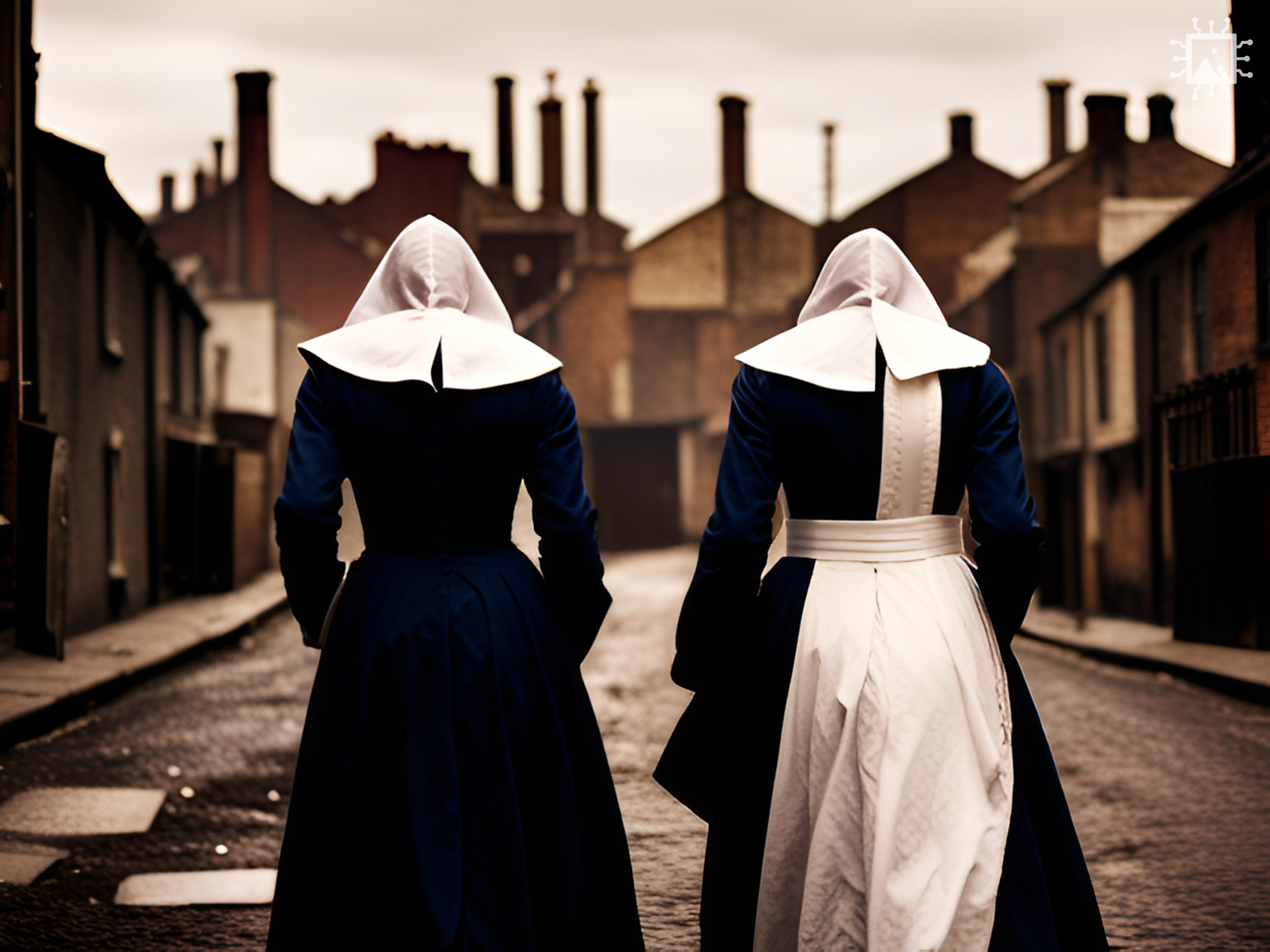 Artificial Intelligence-generated image produced using DreamStudio [accessed 04-06-2023]: 'Two women in dark blue cassocks and white headscalfs walk away through an East End London slum in the 19th century.' Find out more: rochestercathedral.org/research/ai