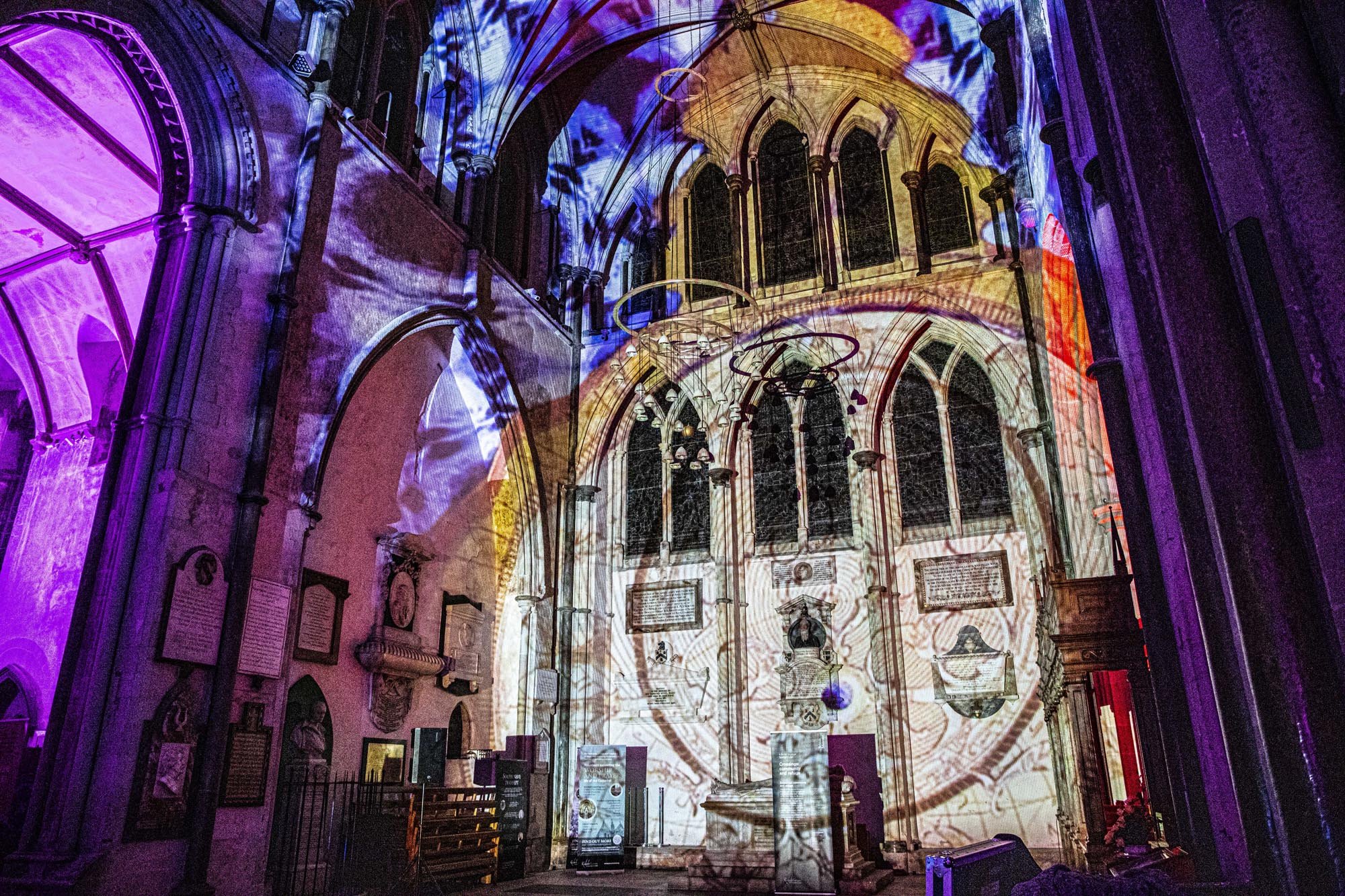 Photograph of the south nave transept during the Life lightshow.