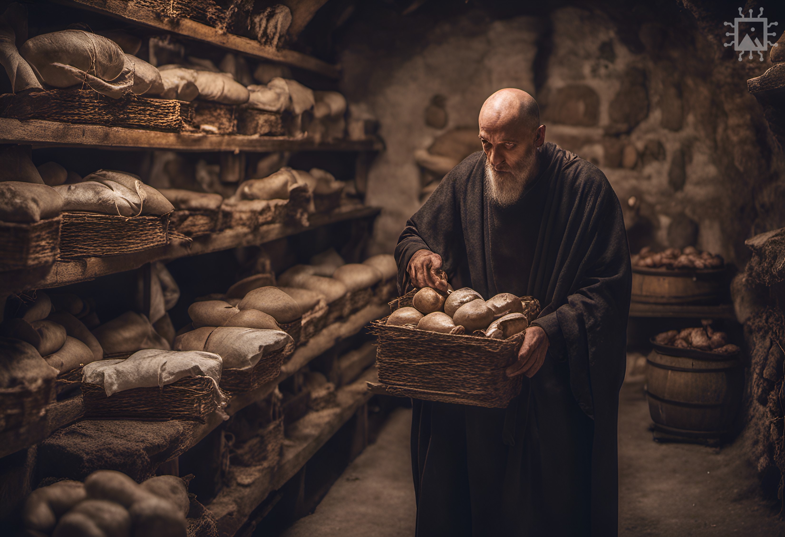 Artificial Intelligence-generated image produced using DreamStudio [accessed 20-09-2023]: ‘A medieval Benedictine monk counting supplies in a stone vaulted cellar full of timber chests, hanging meat wrapped in linen, ceramic pots and amphorae.’ Find out more: rochestercathedral.org/research/ai
