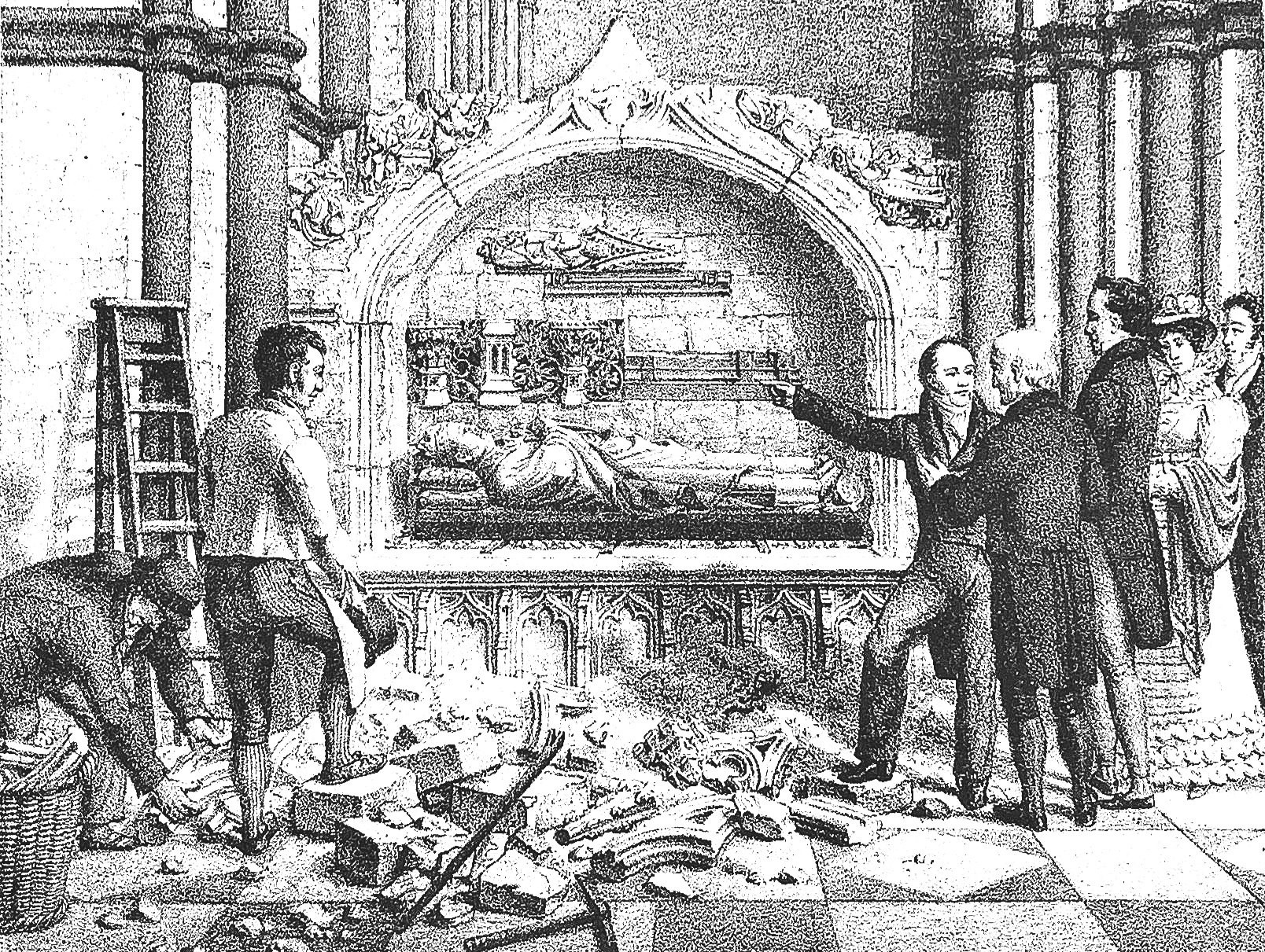 Engraving showing the 1825 discovery of the fragments from the chantry of Bishop John de Sheppey.