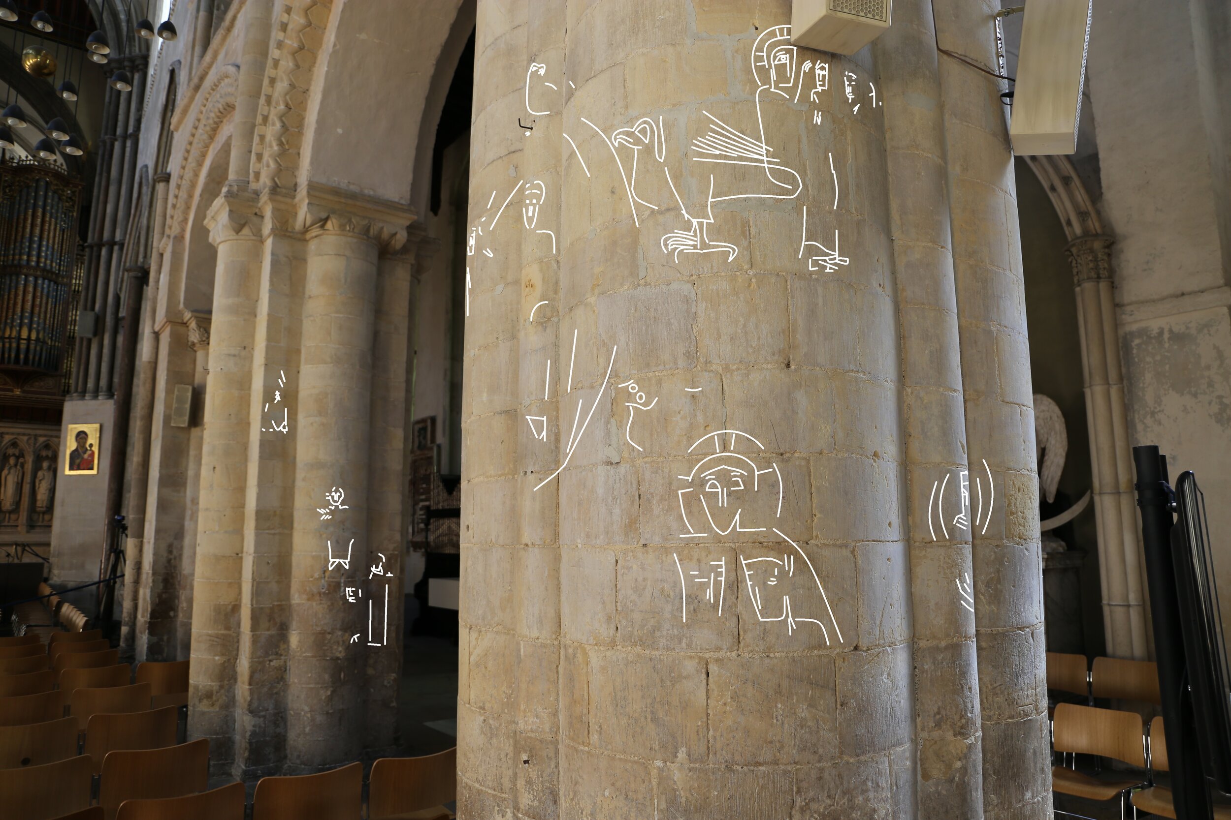 Digital trace of c.1200 AD artists' sketches on a pier in the south nave arcade.