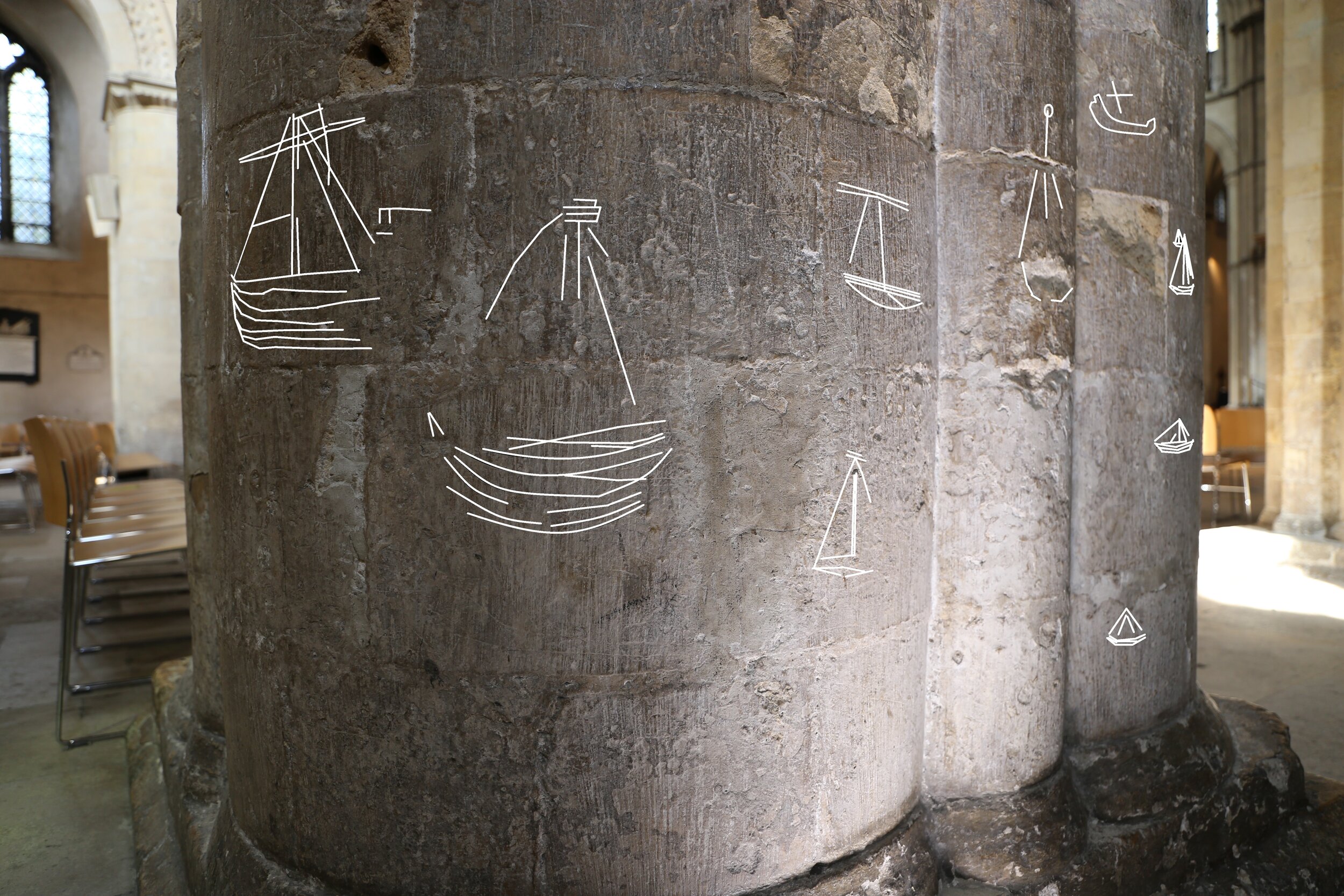 Digital trace of cluster of ship graffiti on a pier in the south nave arcade.