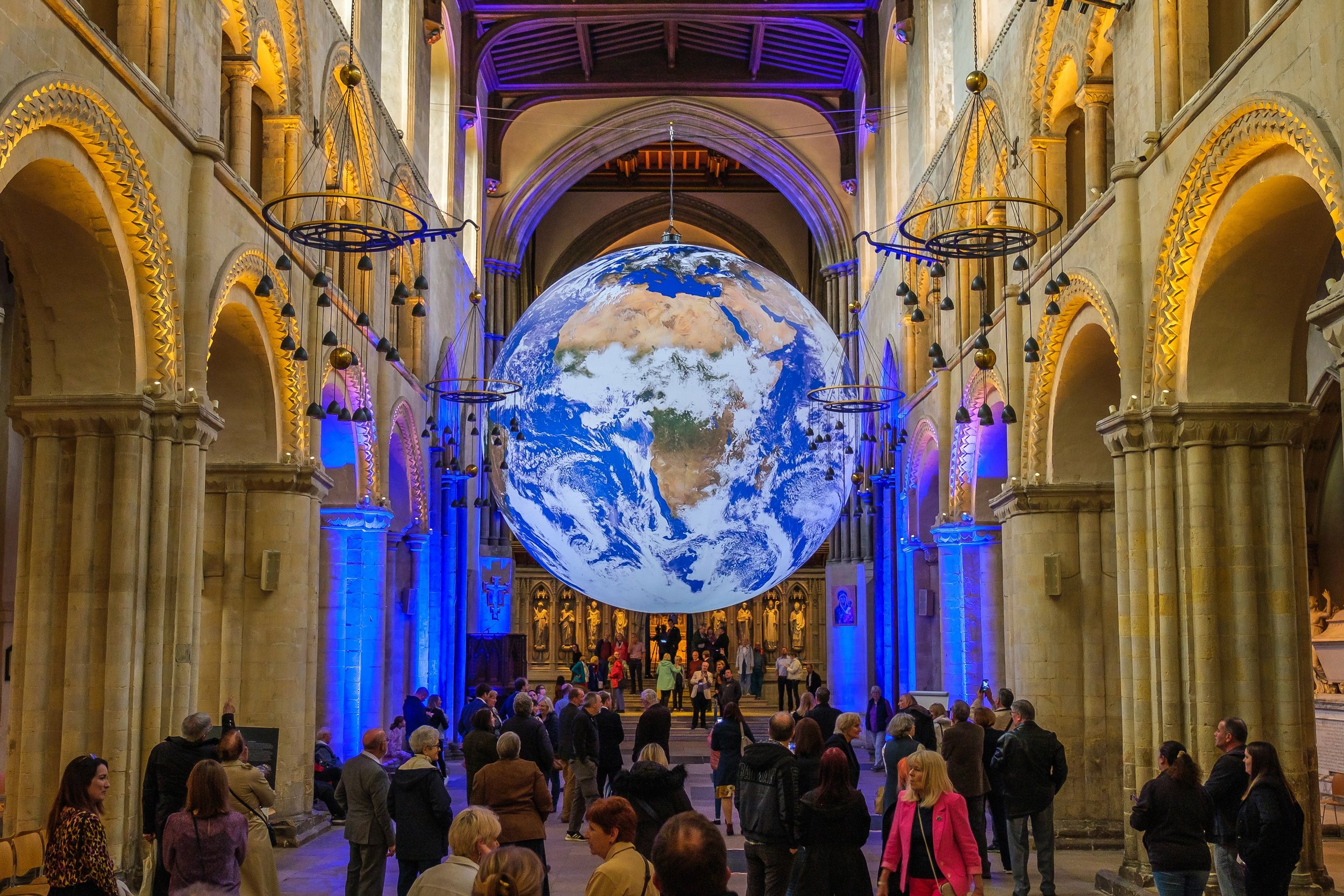 Photograph of Gaia suspended in the nave of Rochester Cathedral.