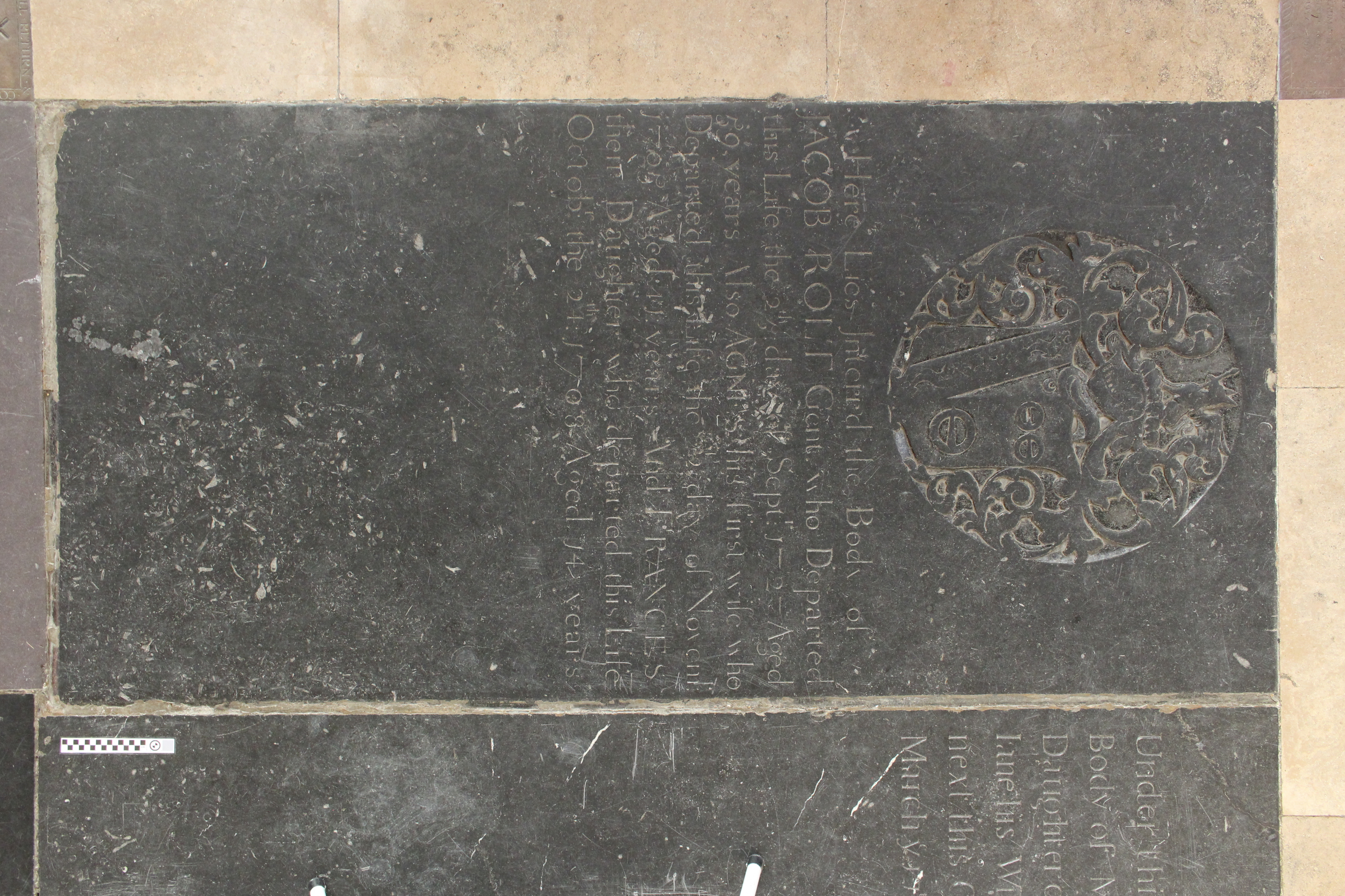 Photograph of the ledger stone dedicated to Frances, Agnes and Jacob Rolt in the Lady Chapel.