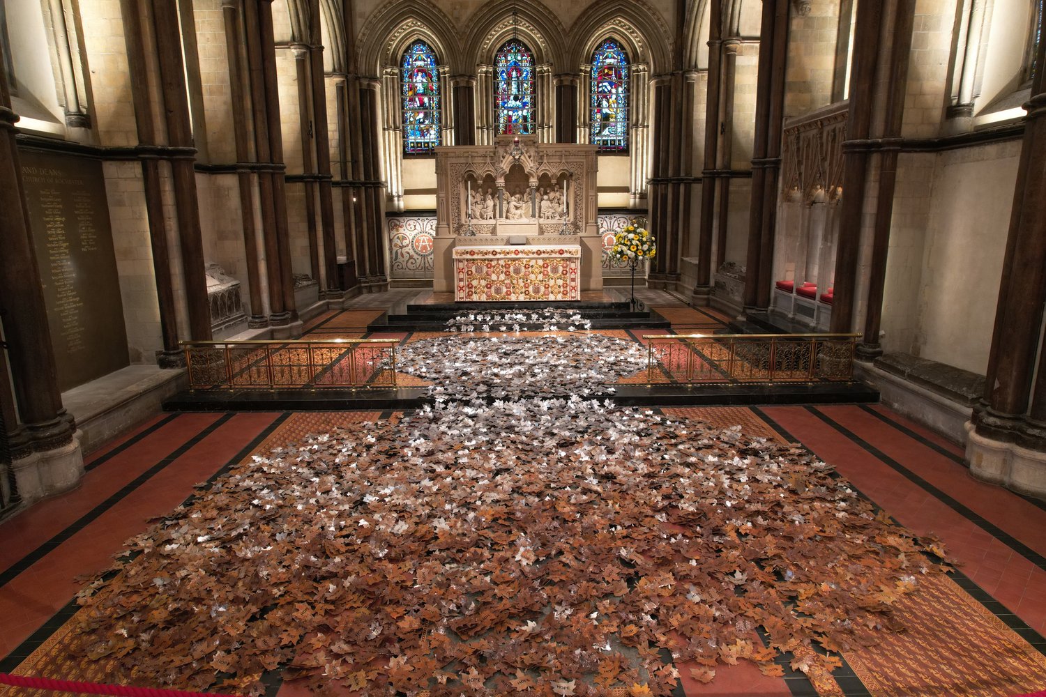 Photograph of the Leaves of the Trees installation at Rochester Cathedral by Geoff Watkins, Aerial Imaging South East.