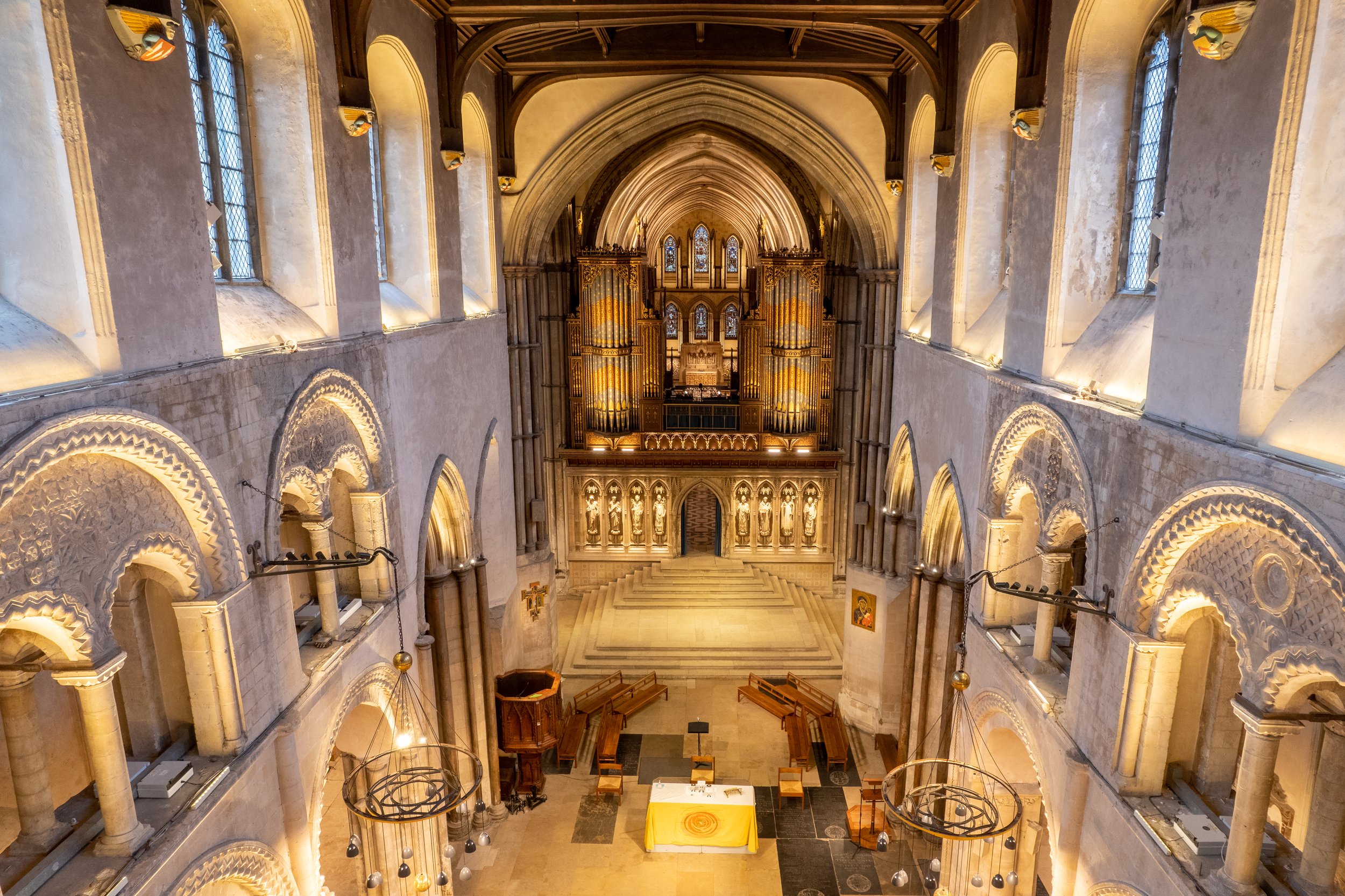 Photograph of the relit nave and cathedral organ by Geoff Watkins, Aerial Imaging South East.